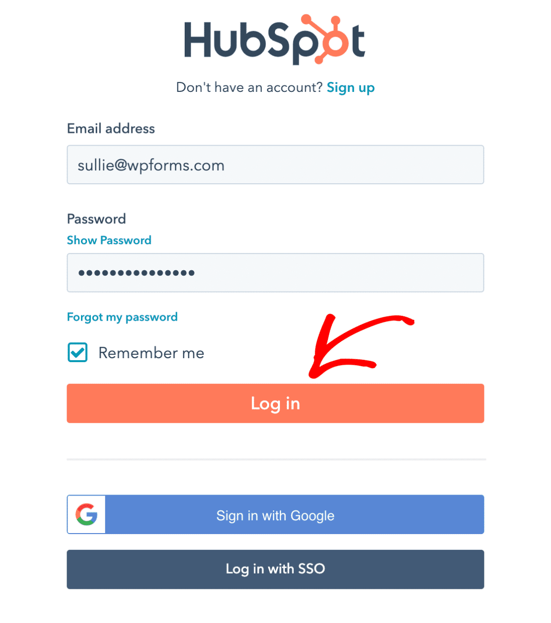 Formulário de login da HubSpot WPForms