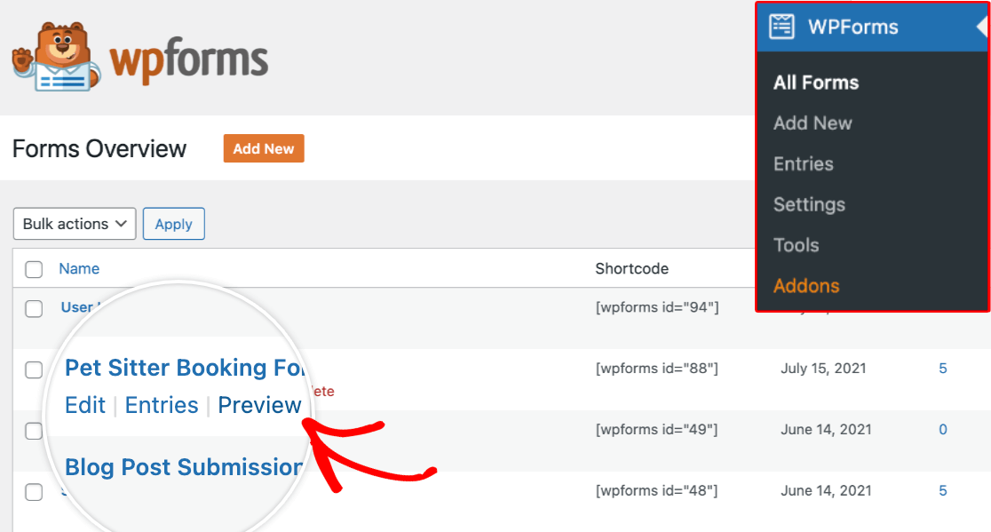 Opção de formulário de visualização no WPForms