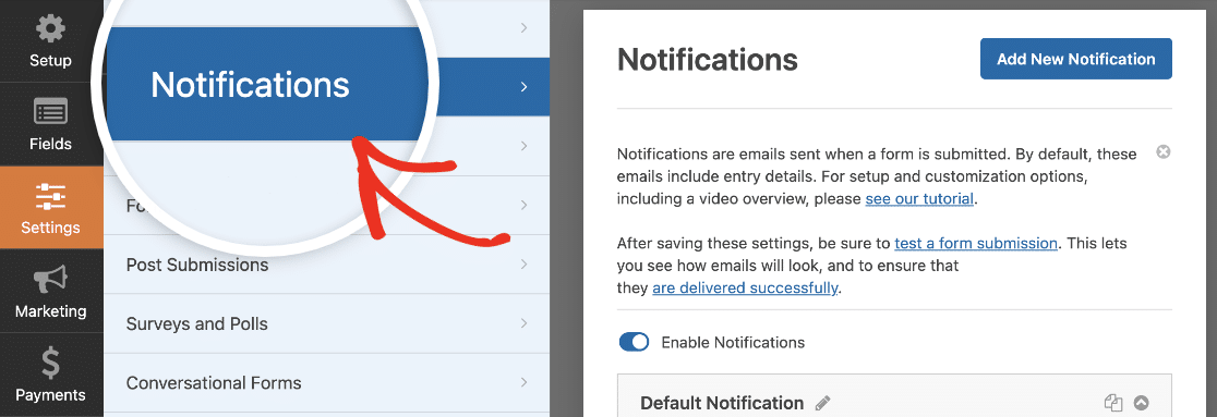 settings-notifications - WPForms Öffnen der Benachrichtigungseinstellungen im Form Builder