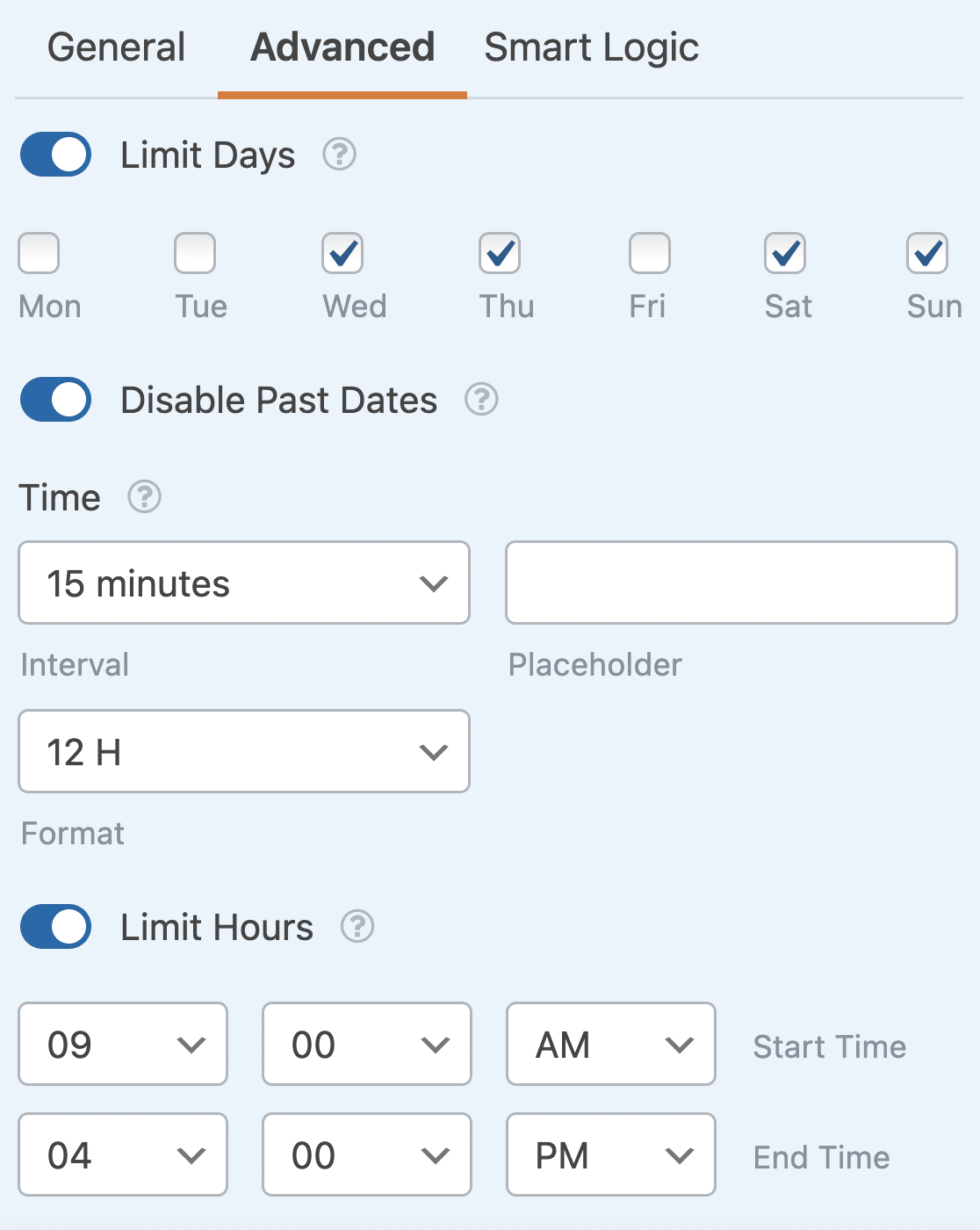 date-time-limit-options - WPForms Die erweiterten Feldoptionen für das Feld Datum / Uhrzeit zur Einschränkung der Verfügbarkeit