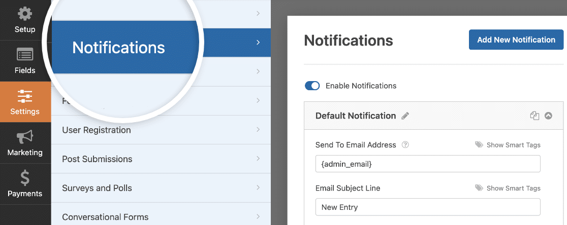 Notifications Settings - WPForms Acceder a la configuración de las notificaciones de un formulario