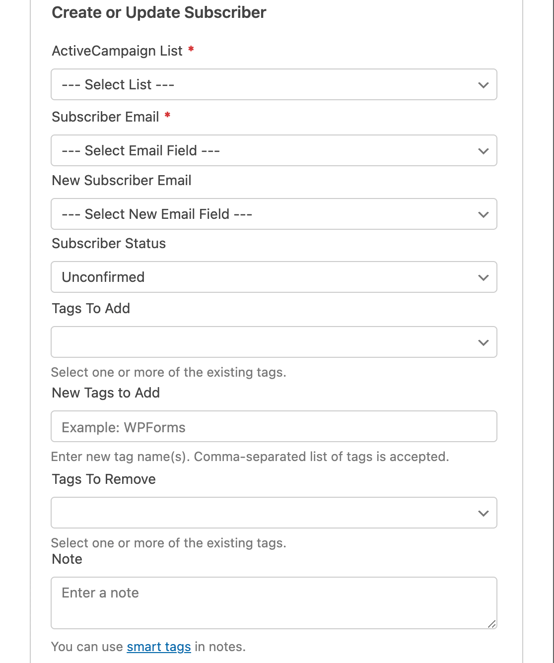 activecampaign-create-update-subscriber-settings - WPForms As definições Criar ou Atualizar Subscritor para ActiveCampaign no construtor de formulários