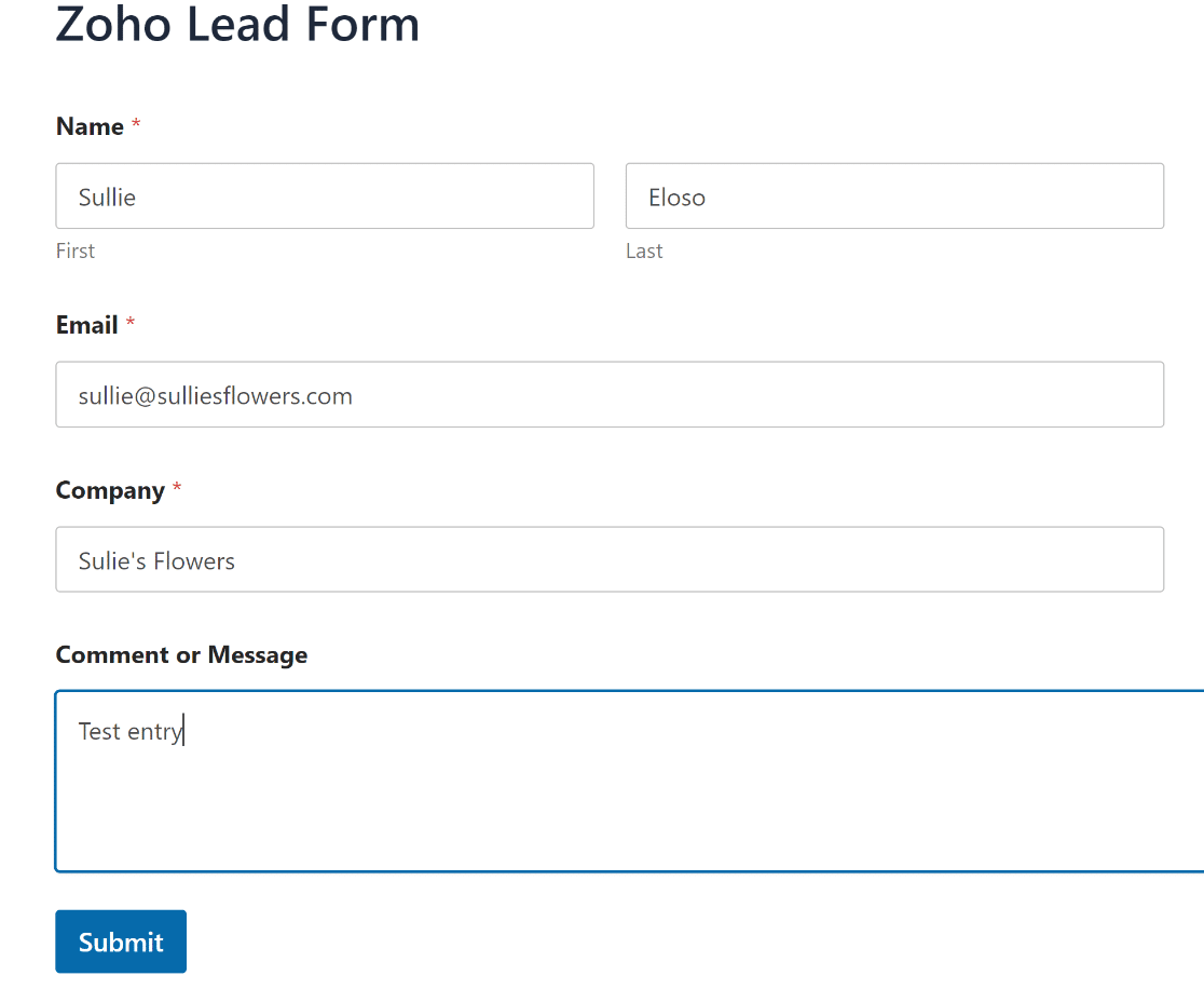Zoho Test Form Entry - WPForms Zoho test form entry