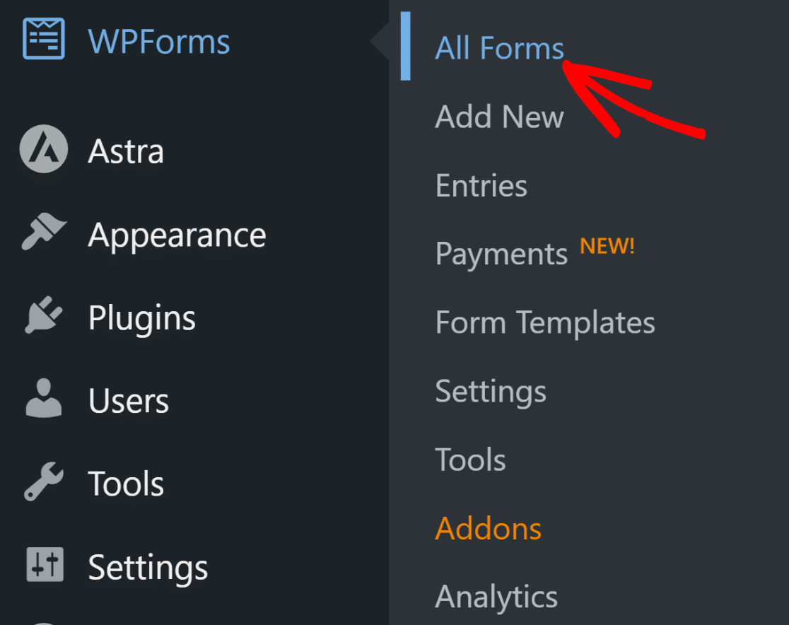 Menu Visão geral dos formulários