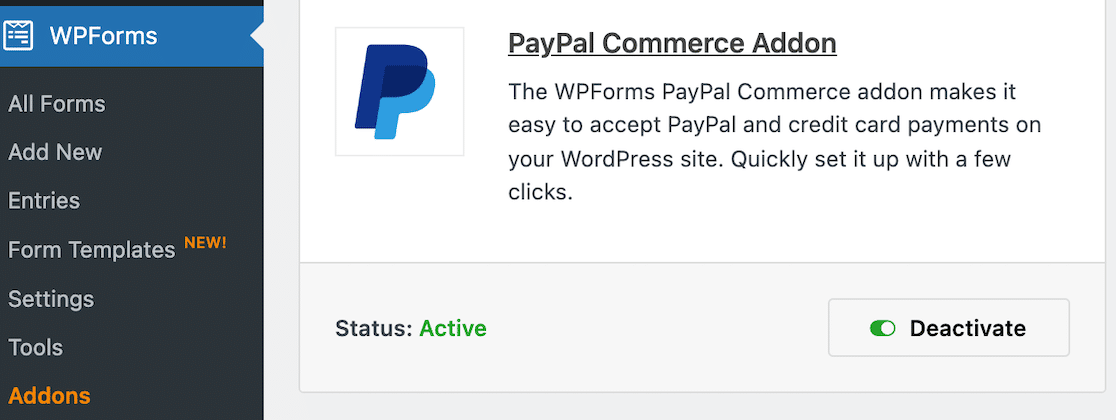 Activate Payment Addons - WPForms The PayPal addon activated