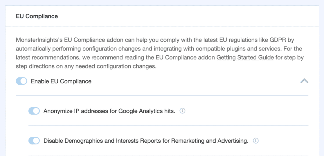 Configuración de MonsterInsights Conformidad con la UE