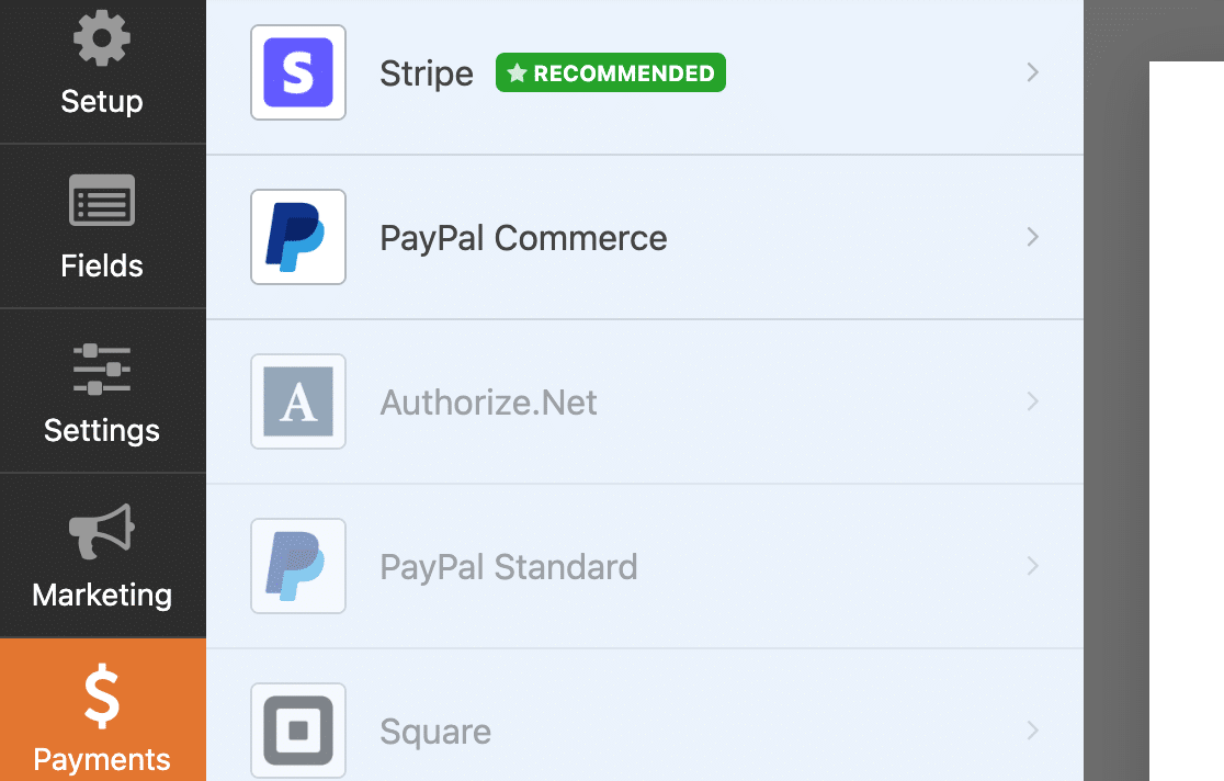 Payment Options - WPForms Activated payment options in WPForms
