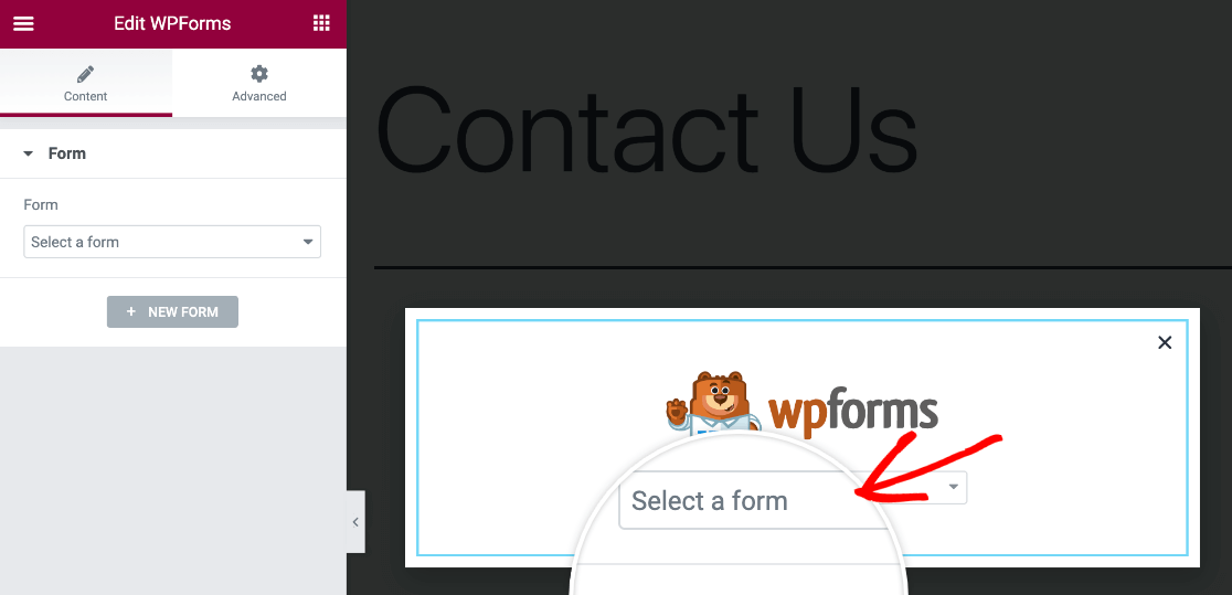elementor-widget-popup-select-form - WPForms Choosing a form from the WPForms Elementor widget