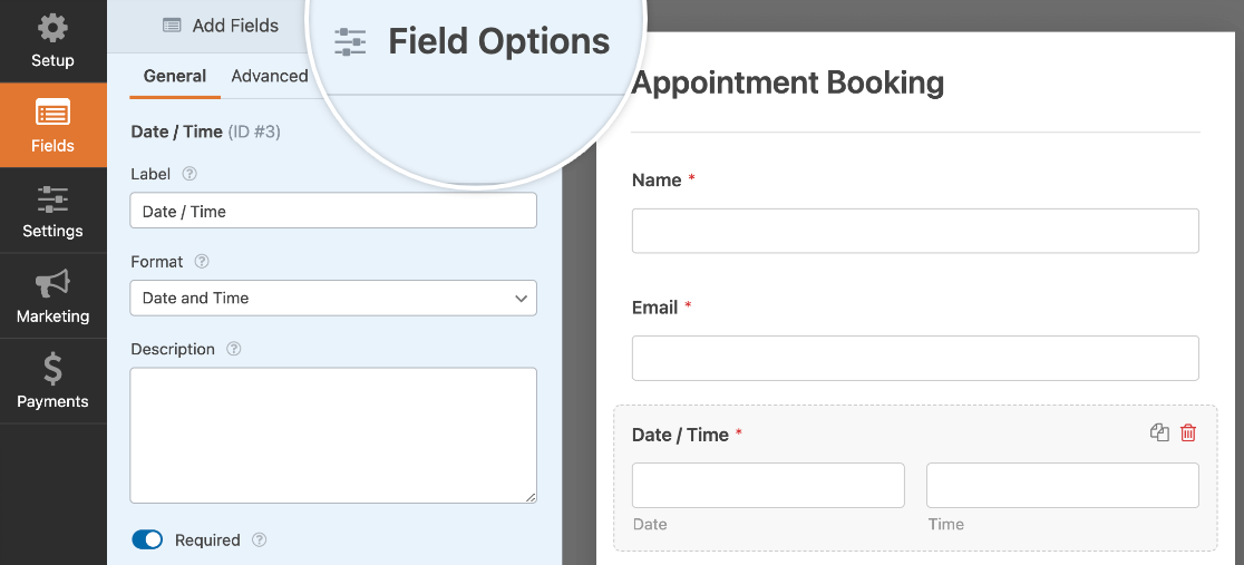 As opções de campo para um campo de data/hora