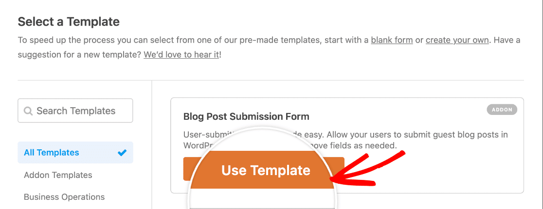 Escolha do modelo de formulário de envio de postagem de blog