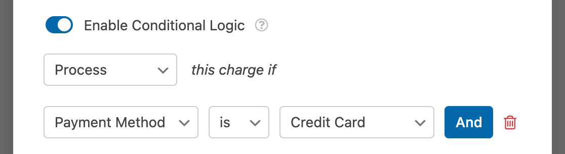 payment-method-credit-card-conditional-logic-rule-example - WPForms フォームでのユーザーの選択に基づいてSquareの支払いを処理する条件付きロジックルールを作成する