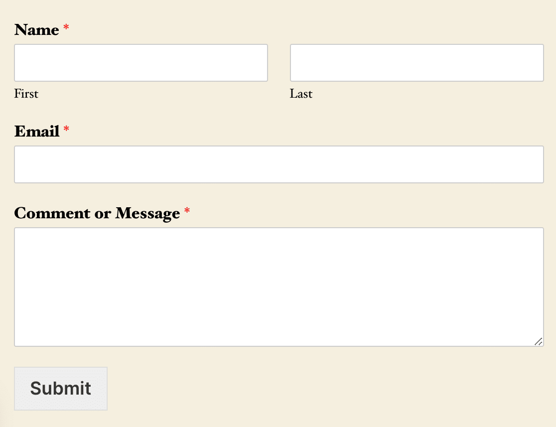 A form with base and form theme styling enabled with the Twenty Twenty theme