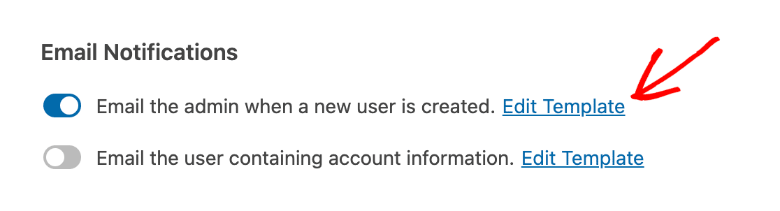 Abertura das opções de edição do modelo de e-mail para o e-mail de administração do registro do usuário