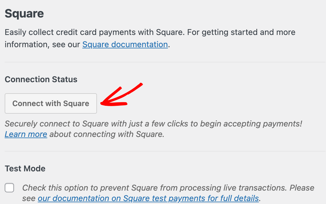 WPFormsの支払い設定にあるSquareとの接続ボタン