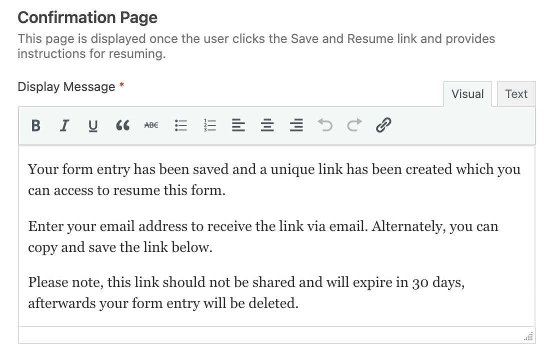 customize-save-and-resume-confirmation-page - WPForms Personalizzazione della pagina di conferma di salvataggio e ripresa