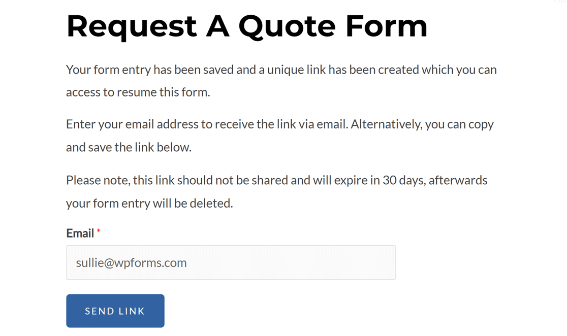 save-and-resume-enter-email - WPForms Inserimento di un indirizzo e-mail per ricevere un link al curriculum