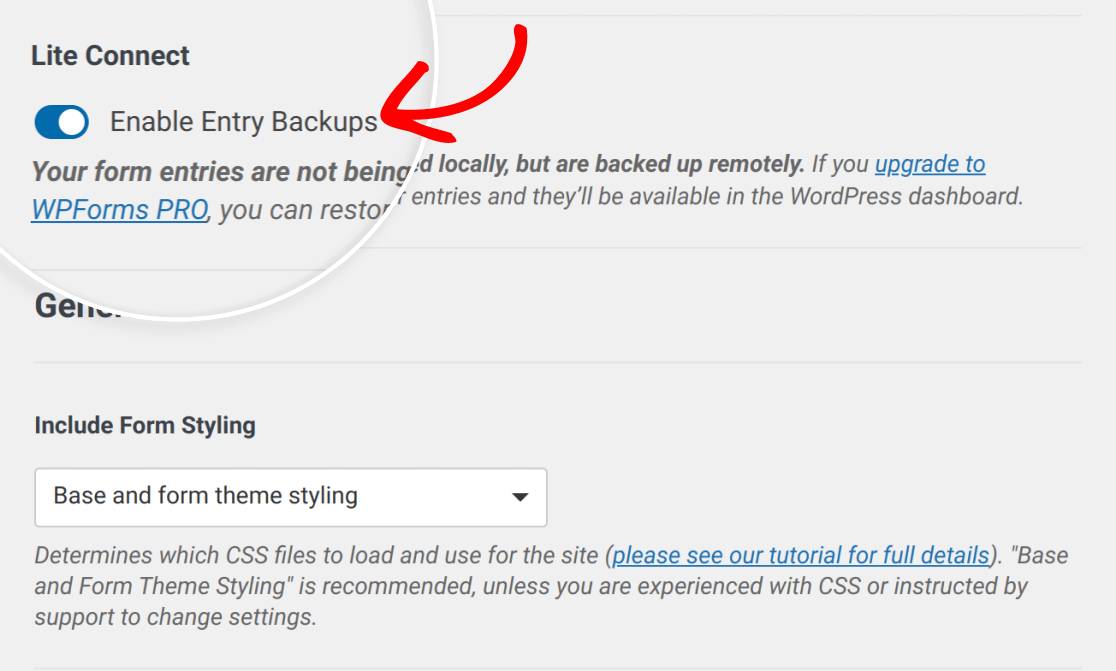 lite-connect-enabled-in-settings - WPForms Backups de entrada ativados nas configurações do WPForms
