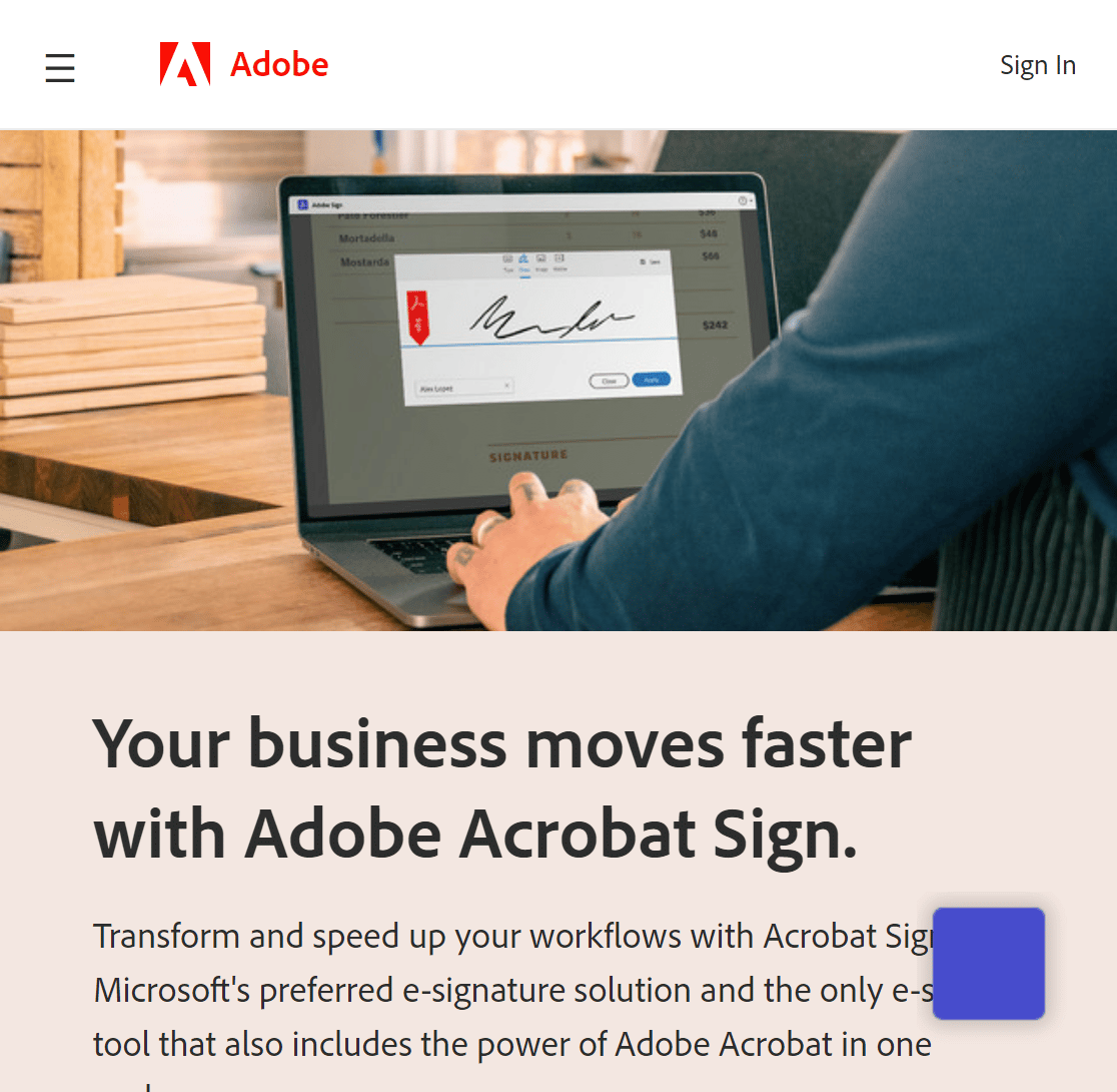 Capture d'écran de la page d'accueil d'Acrobat Sign