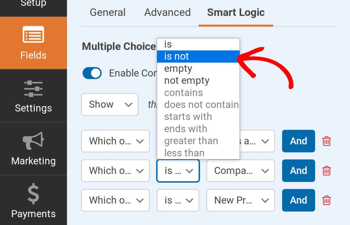 multichoice-form-for-conditional-logic-is-not-rules - WPForms Definir a comparação como is not