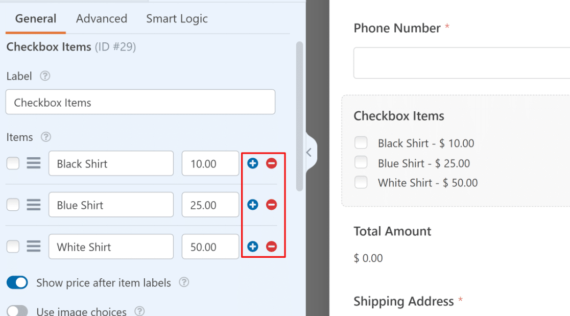 Add or Remove Item Choices - WPForms Auswahlmöglichkeiten für Artikel hinzufügen oder entfernen