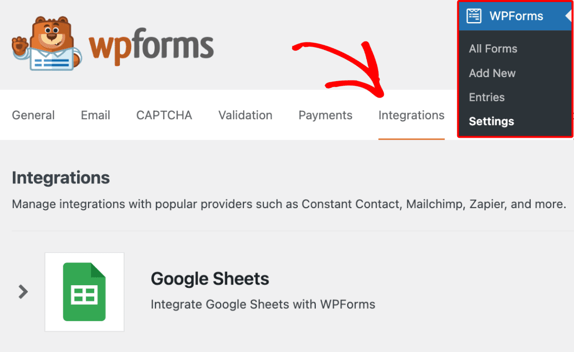 Click Integrations tab - WPForms