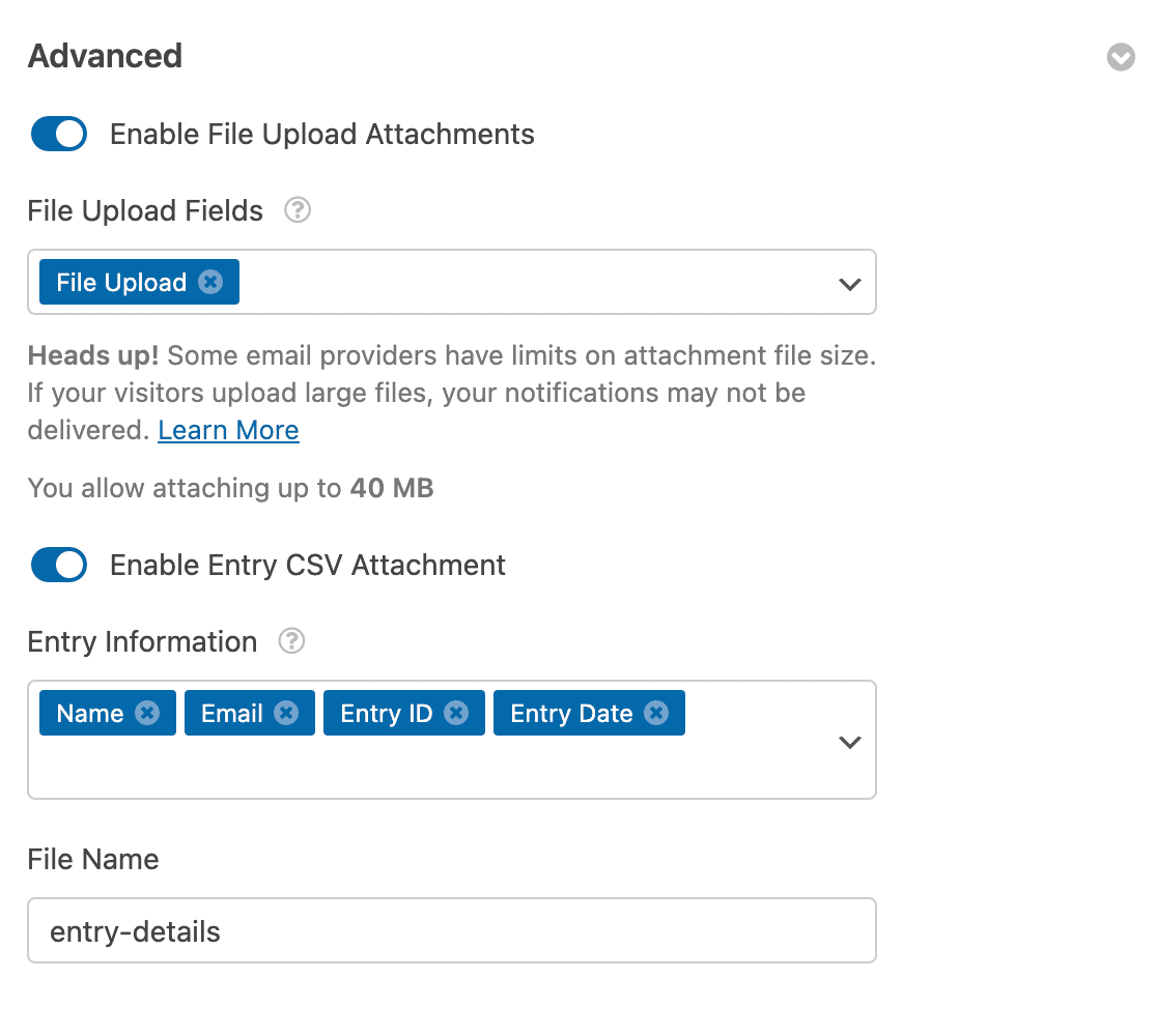 Enable Entry CSV Attachment - WPForms Enabling the entry CSV email notification attachment for a from