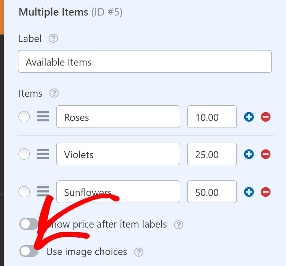 Multiple Items Use Image Choices L'opzione di utilizzo delle immagini nel campo degli articoli multipli
