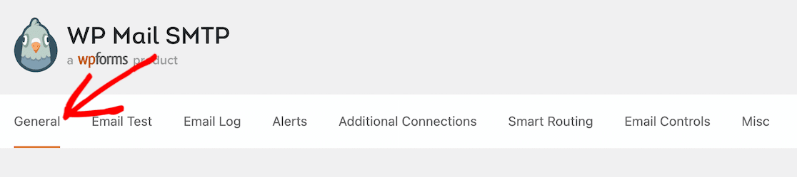 La pestaña General en las opciones del menú WP Mail SMTP