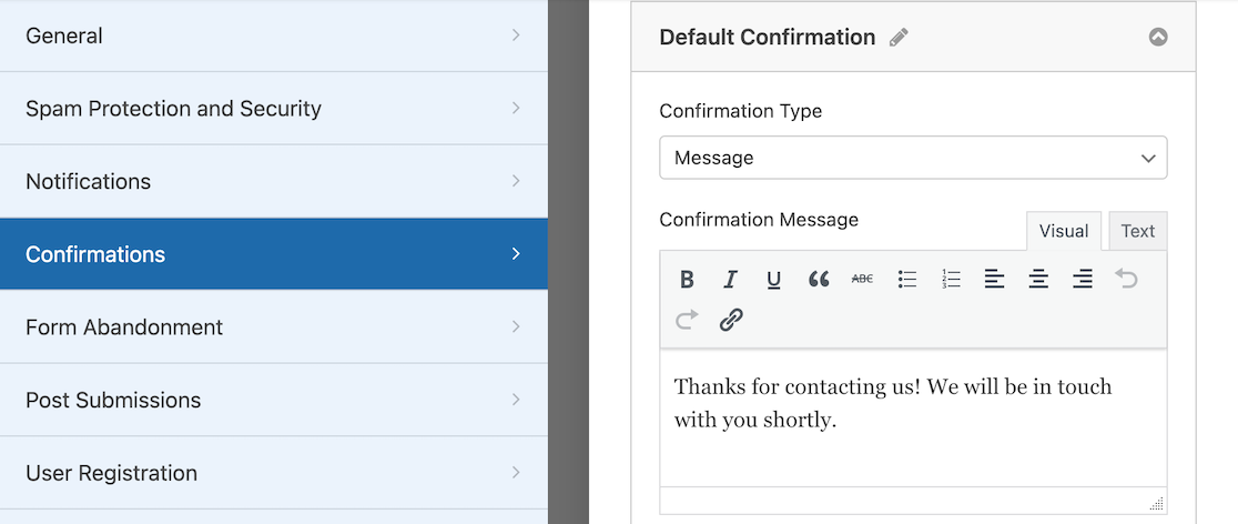 Paramètres de confirmation dans WPForms