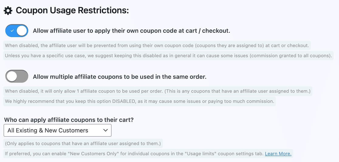 Coupon Affiliates Coupon-Einschränkungseinstellungen