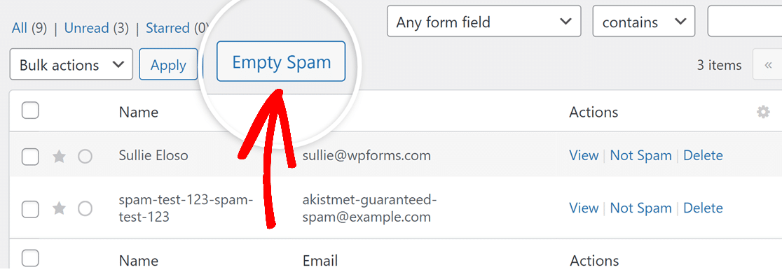 click-empty-spam-link - WPForms Cliquez sur le bouton Vider le spam