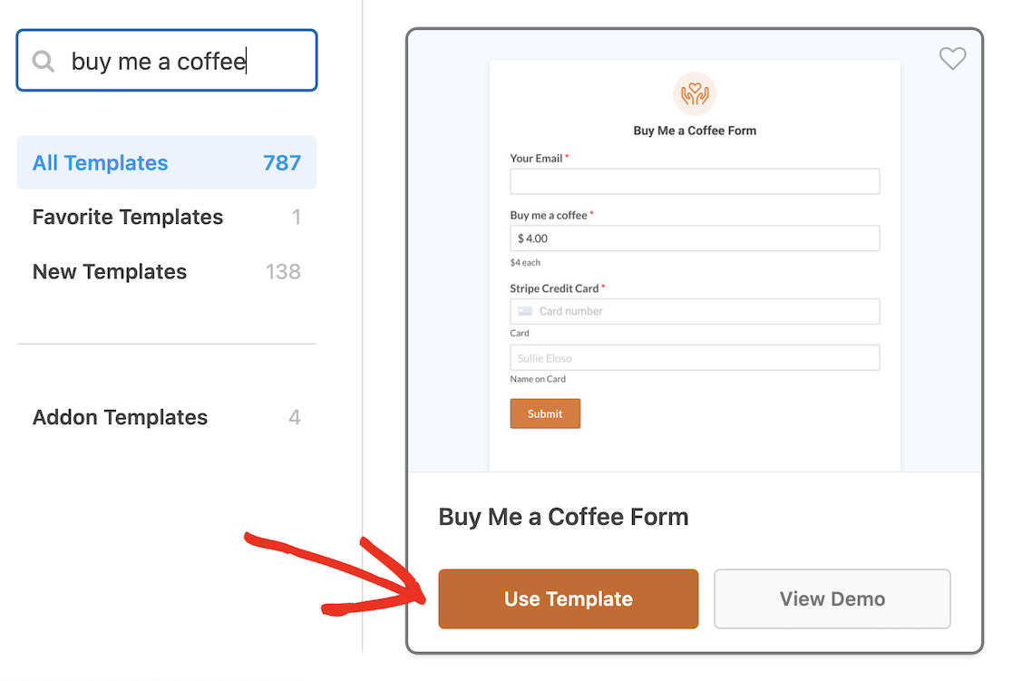 Use the Buy Me a Coffee form template - WPForms Utilice la plantilla de formulario Invítame a un café