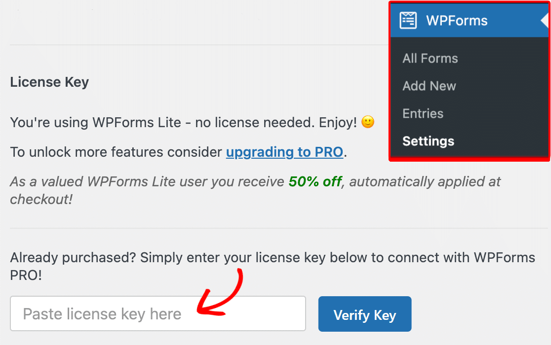 O campo Chave de Licença nas configurações do WPForms Lite