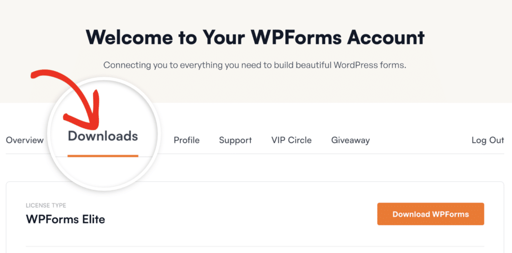 Downloads Tab página de transferências no painel de controlo da conta WPForms