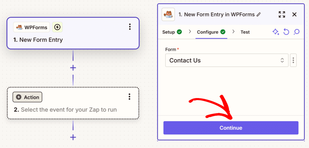 select-form-and-continue-zapier - WPForms Selecione um formulário e clique em Continuar