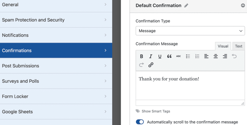 Confirmation Message - WPForms Personalização da mensagem de confirmação de um formulário de doação