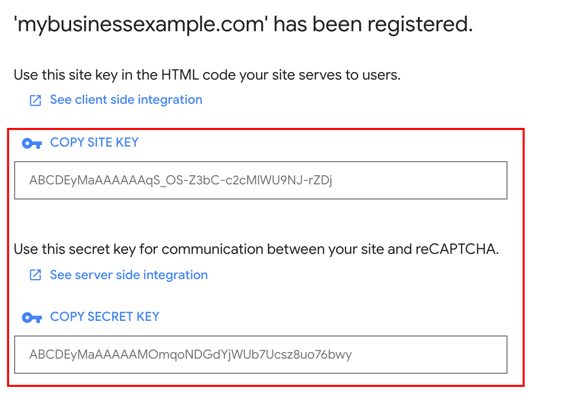 Registered new reCAPTCHA - WPForms Novo reCAPTCHA registado